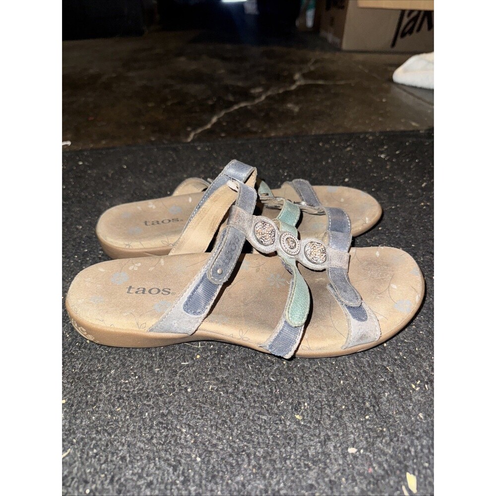 Taos Footwear Blue and Green Strappy Slide Sandals with Medallion Accents